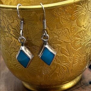 Vintage Turquoise Sterling 925 Hechoen Mexico Dangle Geometric Earrings